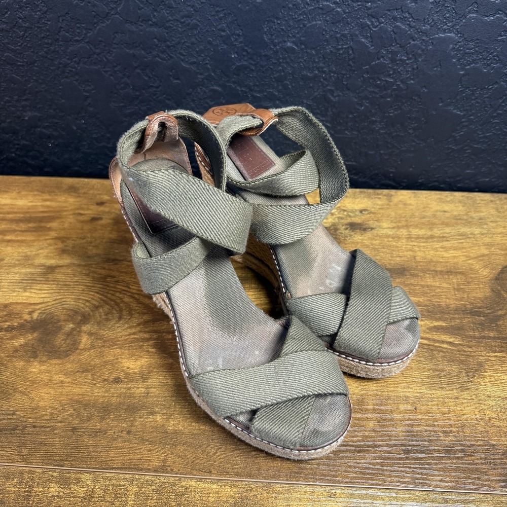 Tory Burch Olive Green Canvas Espadrille Wedge Sandals Size 6.5 Made in Spain